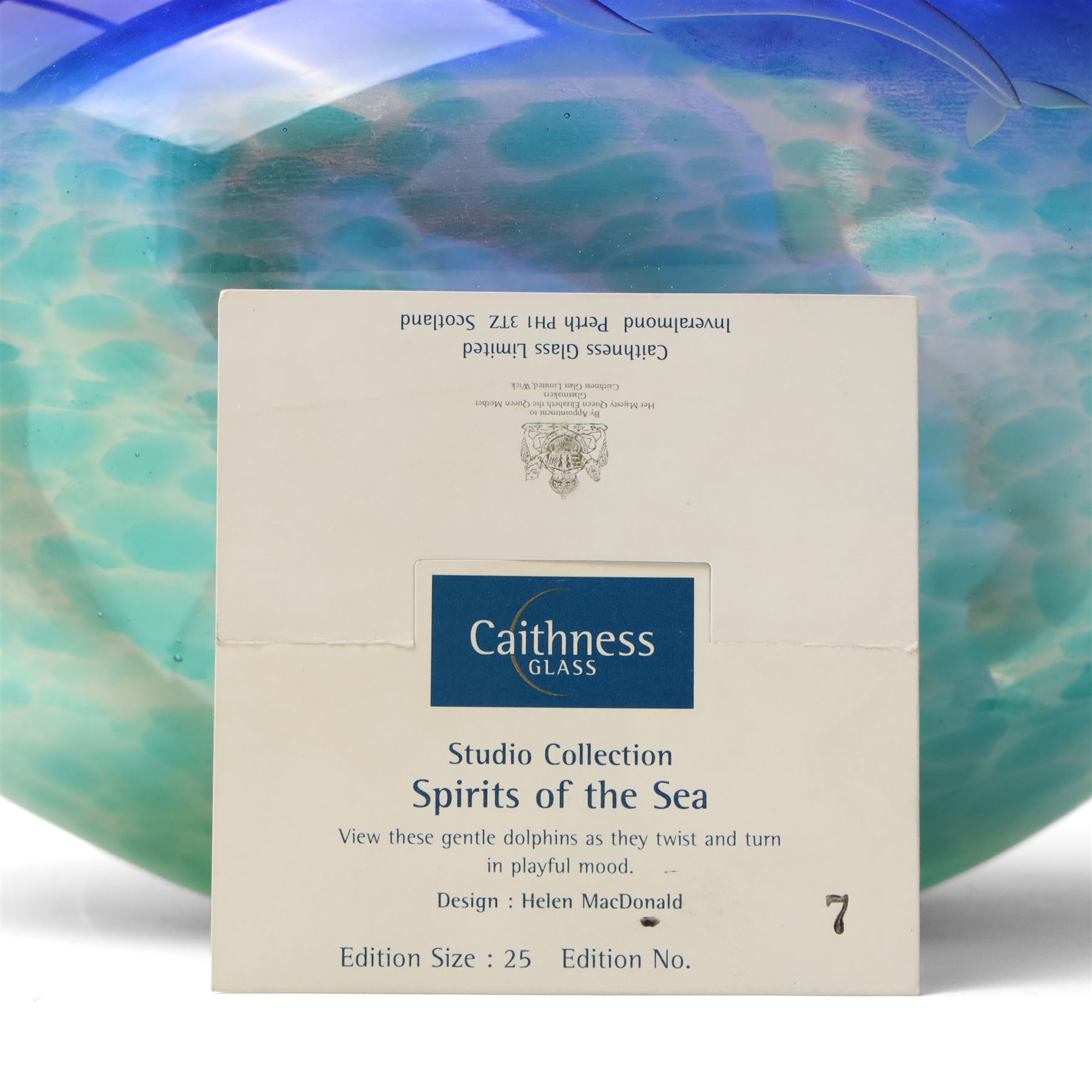 Caithness glass limited edition blue glass bowl 'Spirits of the Sea' decorated with dolphins  7/25 boxed and with certificate D25cm