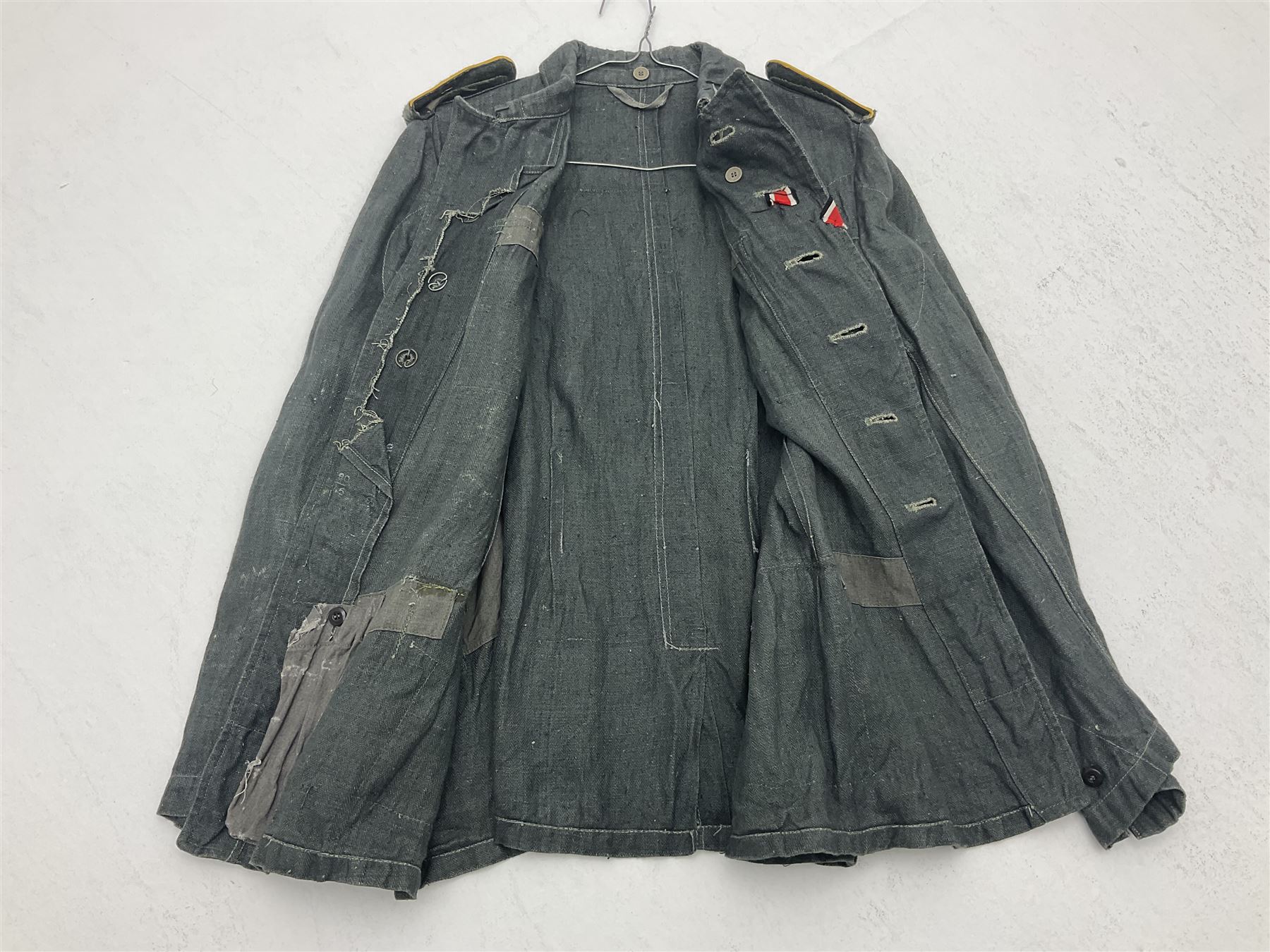 WW2 German Army grey/green herringbone twill four pocket tunic with shoulder tabs for signals regiment, cloth eagle insignia and iron cross ribbon