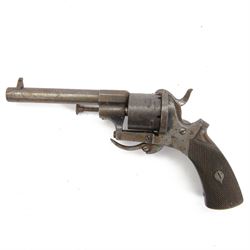 19th century pinfire six-shot revolver, rear loading with folding trigger and wooden grip,...