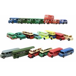 Nine Tri-ang plastic friction drive single deck buses, one marked Minic Transport; eleven other plastic double and single deck buses by Beeju, Rovex, Concept Models etc; and a plastic car; all unboxed (21)