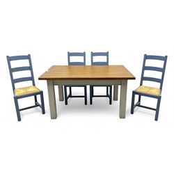Fired Earth - contemporary kitchen table, rectangular oak parquetry top over four cream painted chamfered square section supports; together with set of four ladderback chairs, each with woven rush seat and lavender-grey painted finish