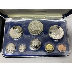 First National Coinage of Barbados 1973 proof eight coin set, from ten dollars to one cent, the ten dollar coin minted in sterling silver, the five dollar coin minted in 800 silver, and a Barbados 1974 proof eight coin set, both minted at The Franklin Mint, cased with certificates; two Republic of Malta decimal proof coin sets, dated 1978 and 1979, the 1979 one pound coin minted in sterling silver, both minted at The Franklin Mint, cased with certificates; Cayman Islands 1973 proof eight coin set, minted at the Royal Canadian Mint, cased; and a Cayman Islands 1979 proof eight coin set, the five dollar to fifty cents coins each minted in sterling silver, minted at the Franklin Mint, cased with certificate (6)