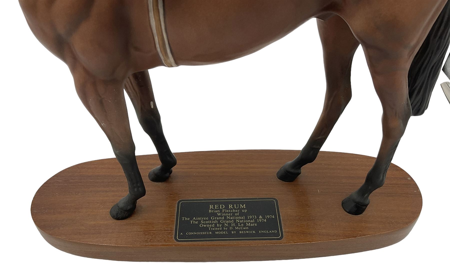 Beswick Connoisseur Red Rum with jockey Brian Fletcher up,  no.2511, upon wooden plinth base with metal plaque, H34cm