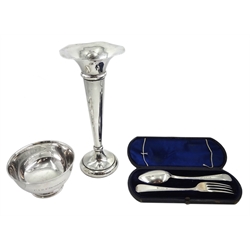 Victorian  silver christening spoon and fork by Thomas Smily, London 1864/5, silver trumpet vase by Blanckensee & Son Ltd, Birmingham 1907 and a hallmarked silver bowl, weighable silver approx 6.5oz
