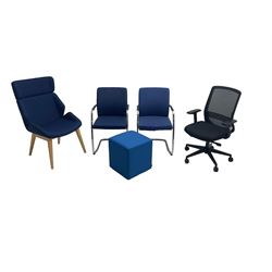 Elite - black office swivel chair (W61cm H98cm); together with Elite - pair office armchairs and high back office chair, upholstered in navy blue; and office cube