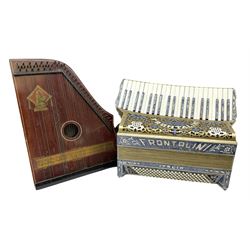 Italian Frontalini piano accordian, together with a mahogany veneered Zither by Schutzmarke, L53cm