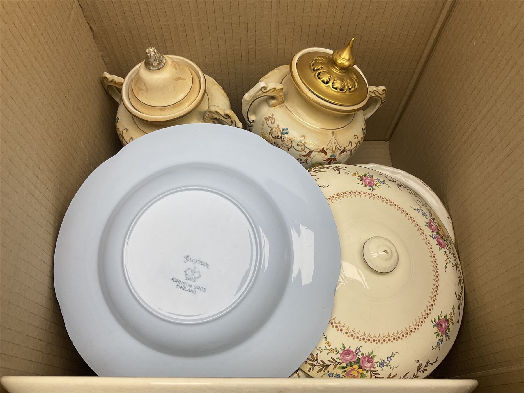 Collection of tea and dinner wares, to include Crown Clarence wares, two Maling cups and saucers, etc,  together with three Foley twin handled urns etc, in three boxes