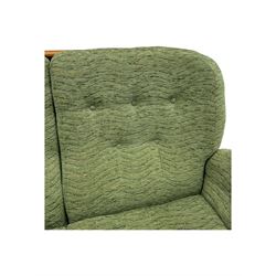 Ercol - mid-20th century three-piece suite, comprising two-seater sofa, upholstered in green fabric with teak frame, on splayed supports with stretcher (W142cm, D95cm, H87cm); with matching pair of armchairs (W82cm, D95cm, H87cm)