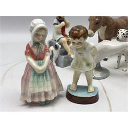 Quantity of figures, to include Royal Worcester Tommy no 2913, Saturday's child no 3202, December no 3458, Royal Doulton Tootles HN1680 and two dog figures, Beswick Dalmatian and donkey, two Lladro geese etc
