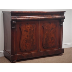  Victorian mahogany chiffonier, chamfered rectangular top, frieze drawer above to shield doors, plinth base, W122cm, H96cm, D49cm  