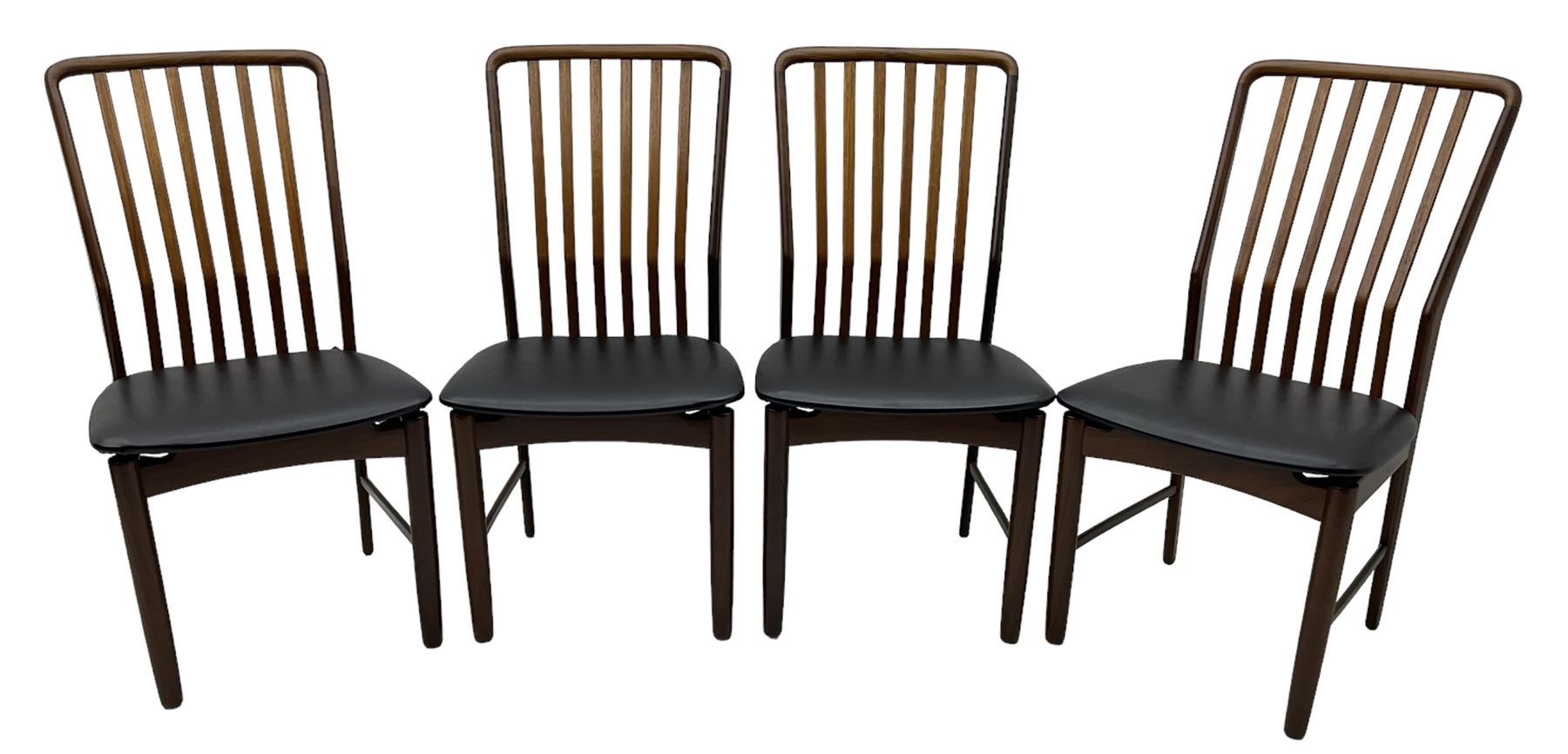 Svend Aage Madsen for Moreddi - set of four teak dining chairs, angular vertical slat back over upholstered seat, on turned front supports 