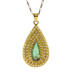  18ct gold pear shaped emerald and diamond pendant, on 9ct gold chain necklace, hallmarked  [image code: 1mc]   