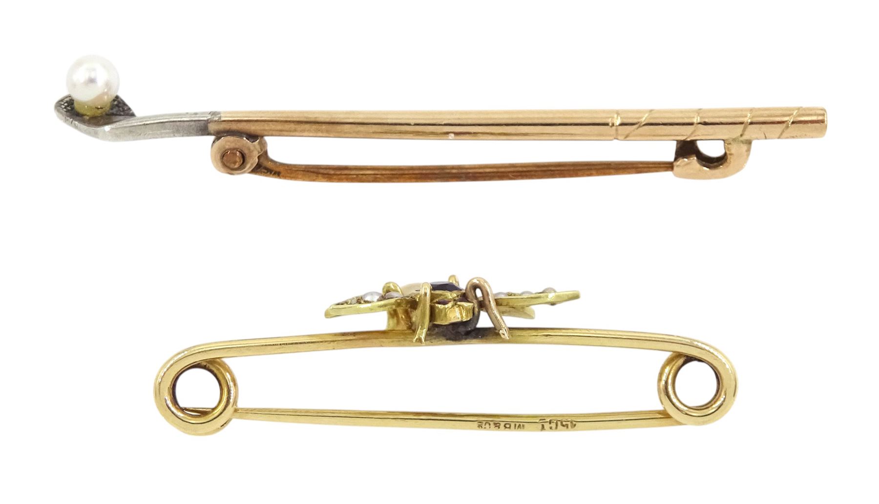 Early 20th century gold amethyst and pearl insect brooch by MB & Co (probably Murrle Bennett & Co), stamped 15ct and a gold and silver single stone pearl golf club brooch, stamped 9ct & Sil