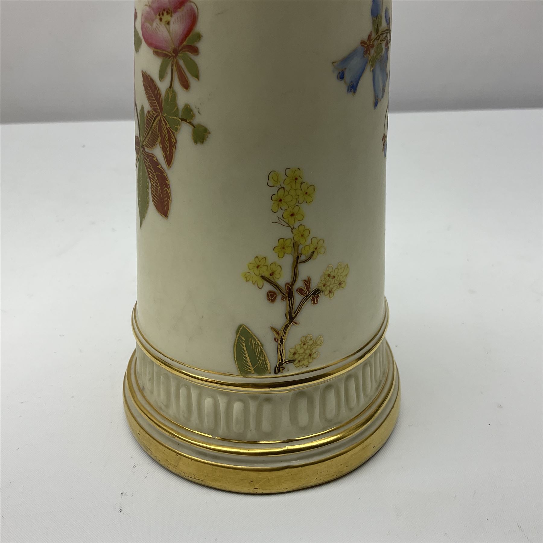 Royal Worcester tusk jug, blush ivory ground, with floral design, stamped 1116 to the base,, together with pair figures of a young boy and girl in the style on Kate Greenaway 