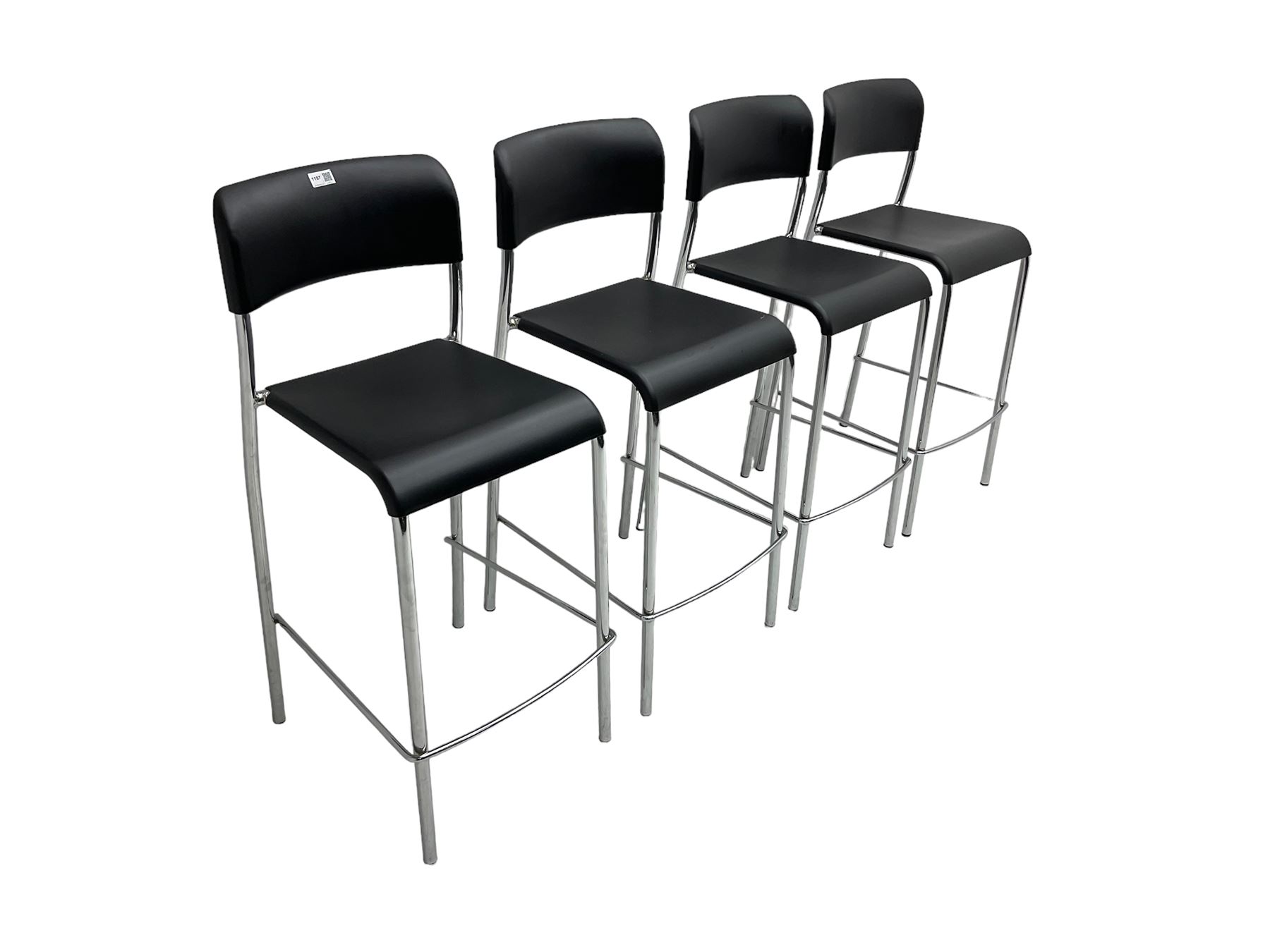 Set four Italian stacking bar stools, black back and seat over chrome supports