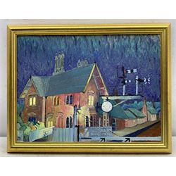 Dag Hagenaes Kjelldahl (Norwegian/Whitby Contemporary): 'Grosmont Railway Station at Night in Red with Clock', oil on canvas signed and dated 2004, 30cm x 40cm