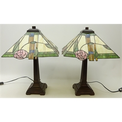  Pair Tiffany style table lamps with Mackintosh style leaded glass shades, H55cm (2)  