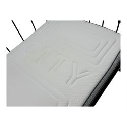 Contemporary Victorian revival black metal day bed, featuring arched back and sides with turned finials and spindle rails, complete with single 'OTTO' mattress