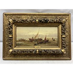 L Erich (Continental 19th century): Moored Fishing Vessels, oil on panel signed 14cm x 30cm in heavy gilt frame