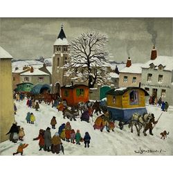 Paul Lemasson (French 1897-1971): The Arrival of the Travelling Zoo, oil on board signed 21cm x 26cm