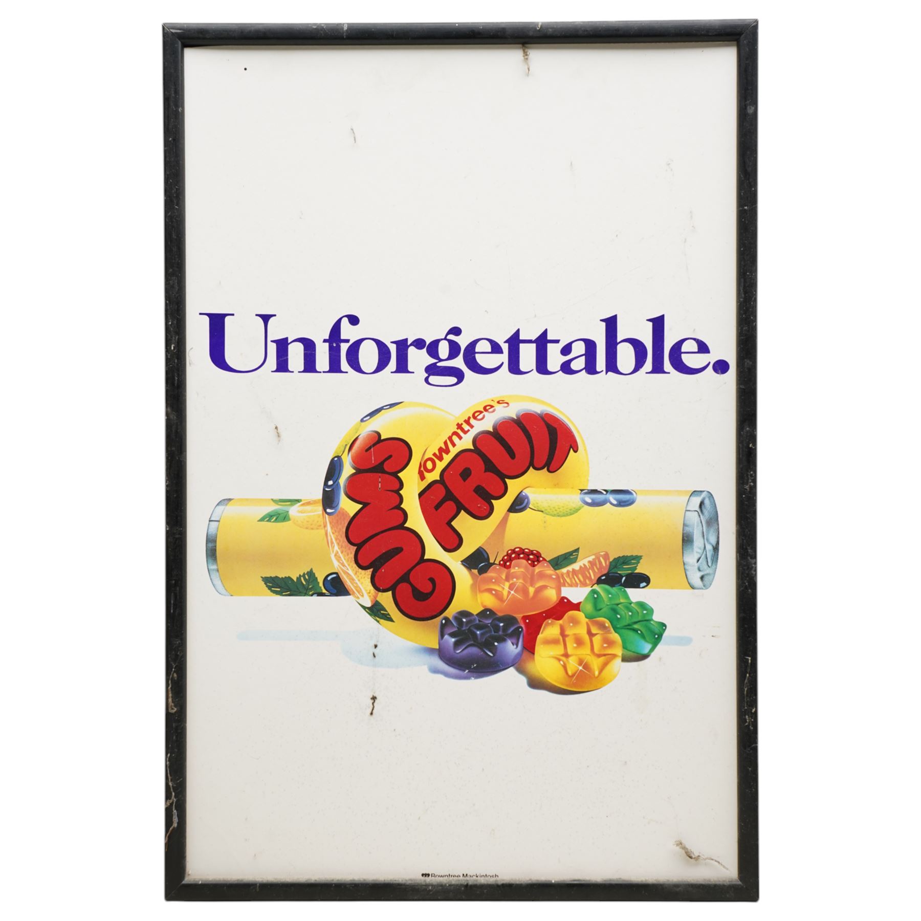 Original Rowntree Mackintosh (Rowntrees) advertising poster for Fruit Gums - 'Unforgettable', colour poster 50cm x 33cm
Provenance: from the personal collection of David Lamb, former advertising manager at Rowntree Mackintosh, York