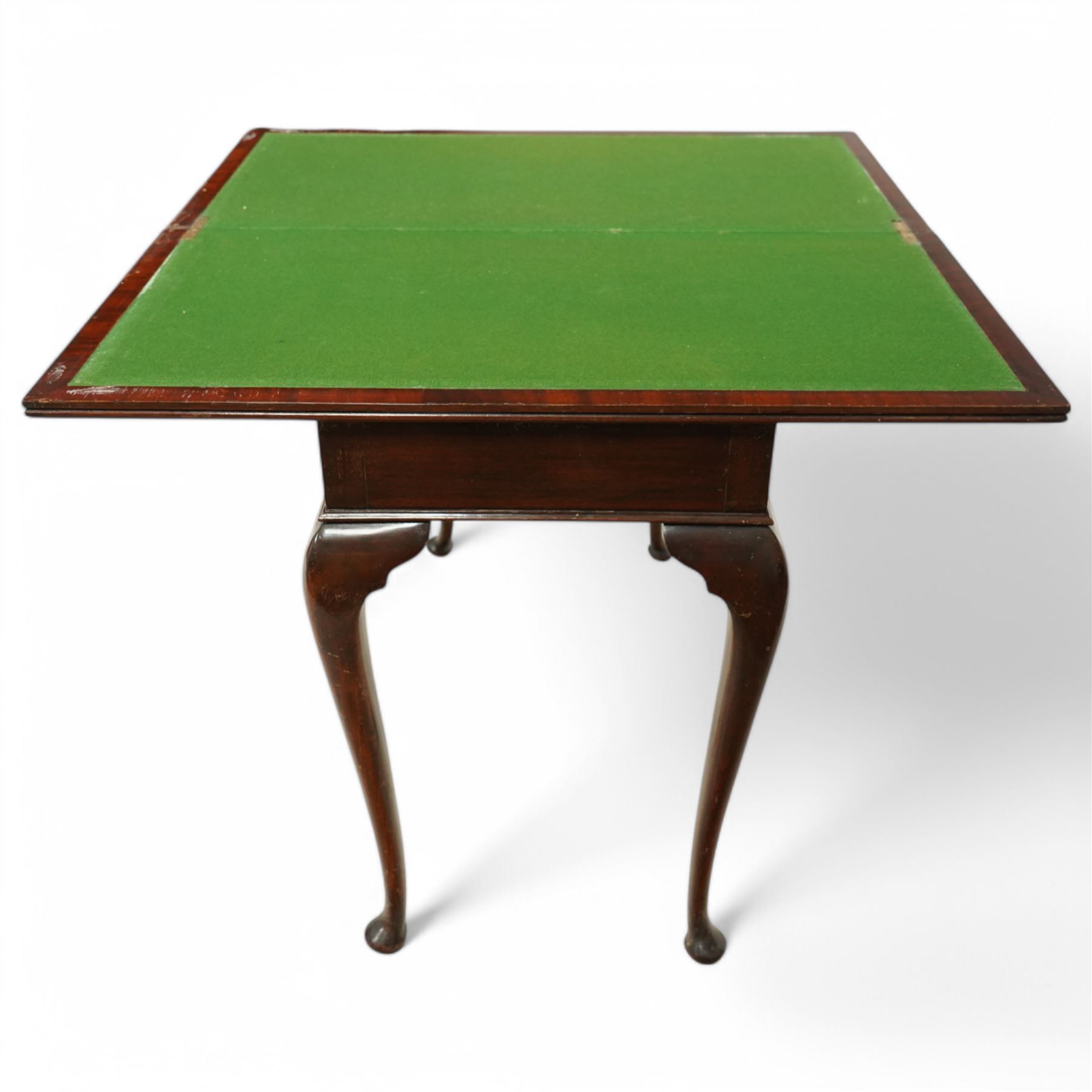   Early 20th century mahogany card table, hinged baize lined sliding top top, cabriole legs on pad feet
