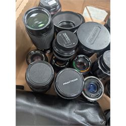 Collection of camera lenses, including and Olympus, Nikon, Sirius, Mamiya, Pentacon, Hanimex etc and Tamron adapters