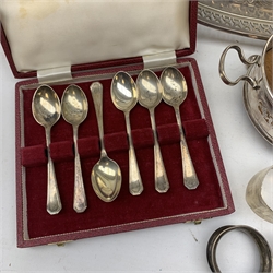 Four silver napkin rings, the two larger examples hallmarked Allens, Sheffield 1943, and Adie Brothers Ltd, Birmingham 1934, a silver presentation spoon with hardstone handle, hallmarked Adie & Lovekin Ltd, Birmingham 1910, a set of six 1960's silver teaspoons, a Victorian mother of pearl handled fruit knife with engraved folding silver blade, a Vintage Parker fountain pen with nib marked 14K, a silver plated wine coaster, silver plated tray, two 19th century ogee glass rummers, a small Japanese dish, and a small tea bowl with Chinese style decoration, etc. Weighable silver 5.5 oz. 
