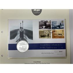 Four coin covers, comprising 2000 'The Queen Mother's 100th Birthday Silver Coin & Banknote Cover' limited edition 56/500, 2000 'Charles Darwin Commemorative Coin & Banknote Cover' limited edition 68/500, 2001 'Celebrating the 100th Birthday of Her Majesty The Queen Mother' containing  a 1999 silver one pound coin and 2001 'Royal Navy Submarines 100th Anniversary Cover' containing 2001 Turks & Caicos Islands 20 crowns silver coin