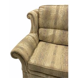 Wade - pair traditional shape two seat sofas, upholstered in pale cream and Regency striped fabric