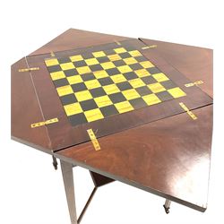 Games table, inlaid four flip top to reveal draugths board, above single drawer, stile splayed supports, ‘X’ frame cross support, castors