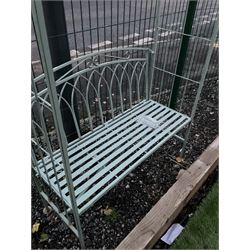 Washed green finish metal garden arbour bench, arch trellis top - THIS LOT IS TO BE COLLECTED BY APPOINTMENT FROM DUGGLEBY STORAGE, GREAT HILL, EASTFIELD, SCARBOROUGH, YO11 3TX