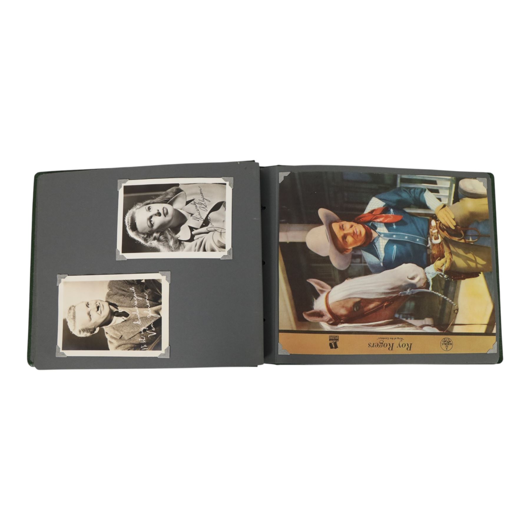 Collection of photographs and postcards, mostly depicting 1940s film stars, including some autographed examples and some with printed signatures, together with a collection of Shirley Temple  promotional photographs,1930s autograph album and postcards of the Royal Family