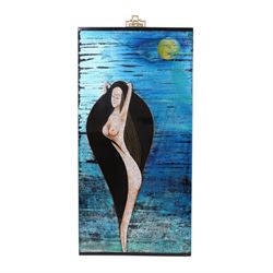 Set of four Vietnamese lacquered panels, depicting four females bathing in a  river across the four panels, one indistinctly signed H85cm