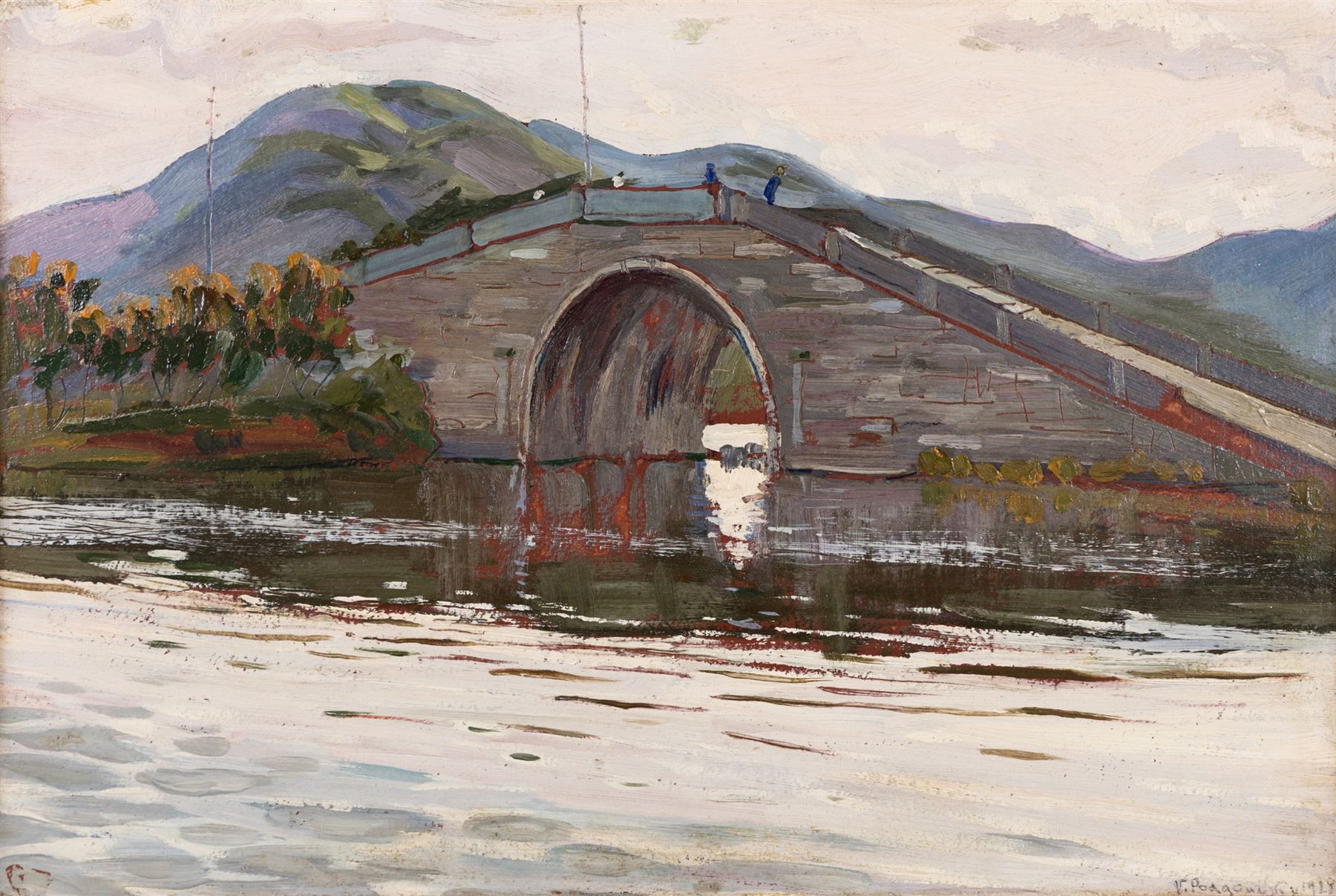 Victor Stepanovich Podgoursky (Russian 1893-1969): Chinese River Landscape, oil on board signed and dated 1928, 31cm x 46.5cm 
Notes: Russian artist who lived in China for 27 years and taught at the Shanghai Academy of Fine Arts. He was known for his paintings of Chinese life 