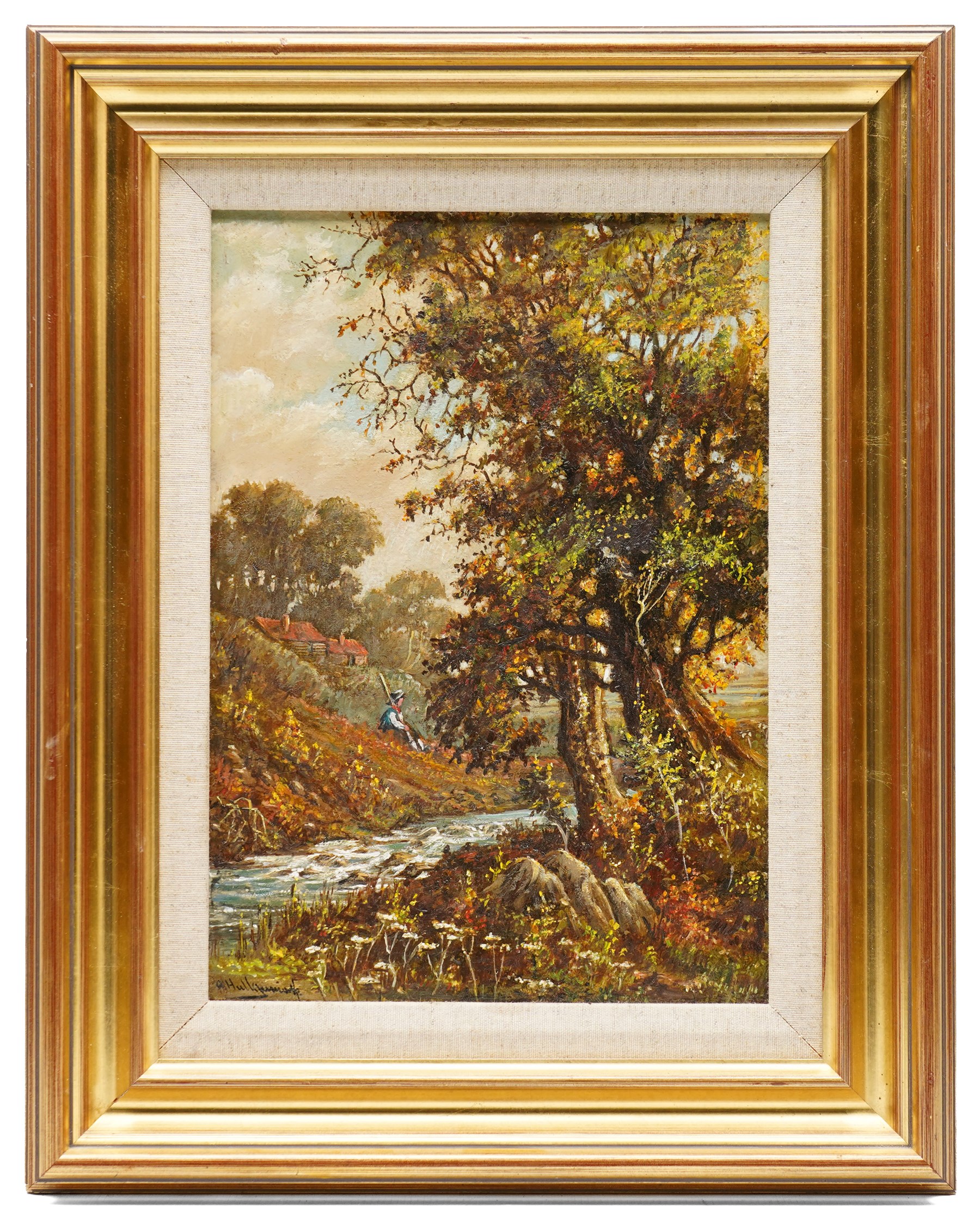 Abraham Hulk Jr. (British 1851-1922): Man Pondering a Stream, oil on canvas signed 34cm x 24cm