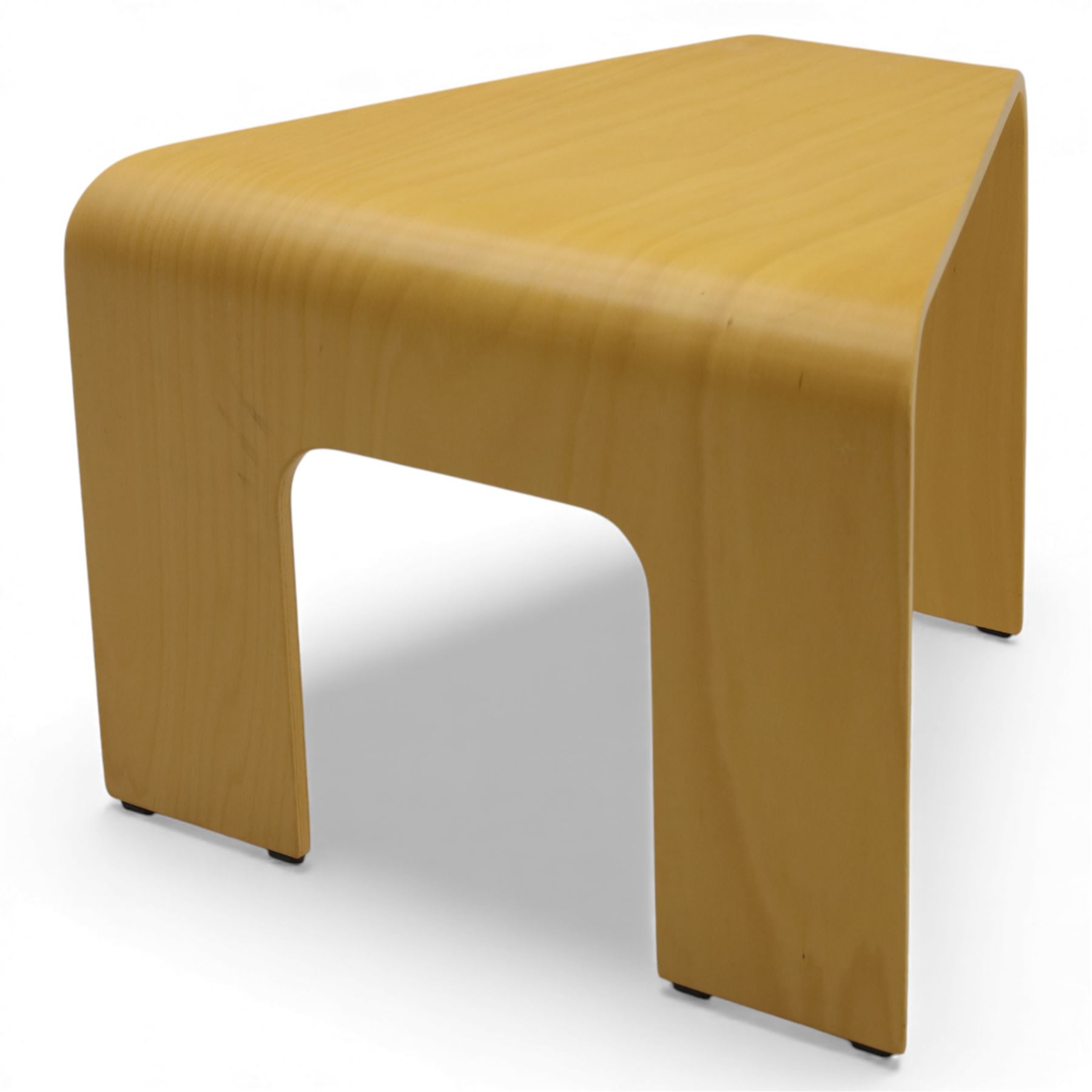 Ekornes - beech and plywood corner table, single folded ply panel forming a continuous top and supports