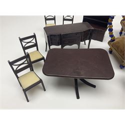 Quantity of early 20th century doll's house furniture comprising Victorian style beadwork and upholstered eight-piece salon suite; beadwork dining table with four matching chairs; and Kleeware brown plastic seven-piece dining suite