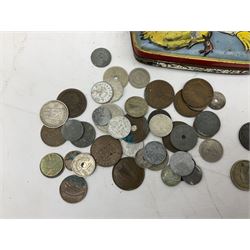 Collection of bank notes and coins, to include Irish 1928 floren, King George V 1931 shilling, cartwheel penny, Coins, stamps and miscellaneous collectibles, including Royal Life Saving Society medal, brooches, commemorative crowns etc