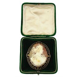 Victorian large gold cameo brooch, gold aquamarine brooch, both stamped 9ct and a low carat gold hinged bangle, with engraved floral decoration