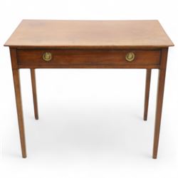George III mahogany side table, rectangular top over single drawer, fitted with brass ring handles and pressed circular plates, on square tapering supports
