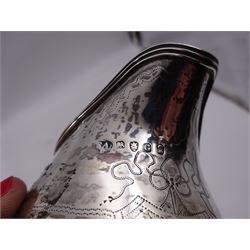 George III silver cream jug, of helmet form, with C scroll handle and a band of engraved strapwork decoration and monogrammed initials to body, hallmarked London 1802, maker's mark SA probably Stephen Adams I, including handle H10.4cm