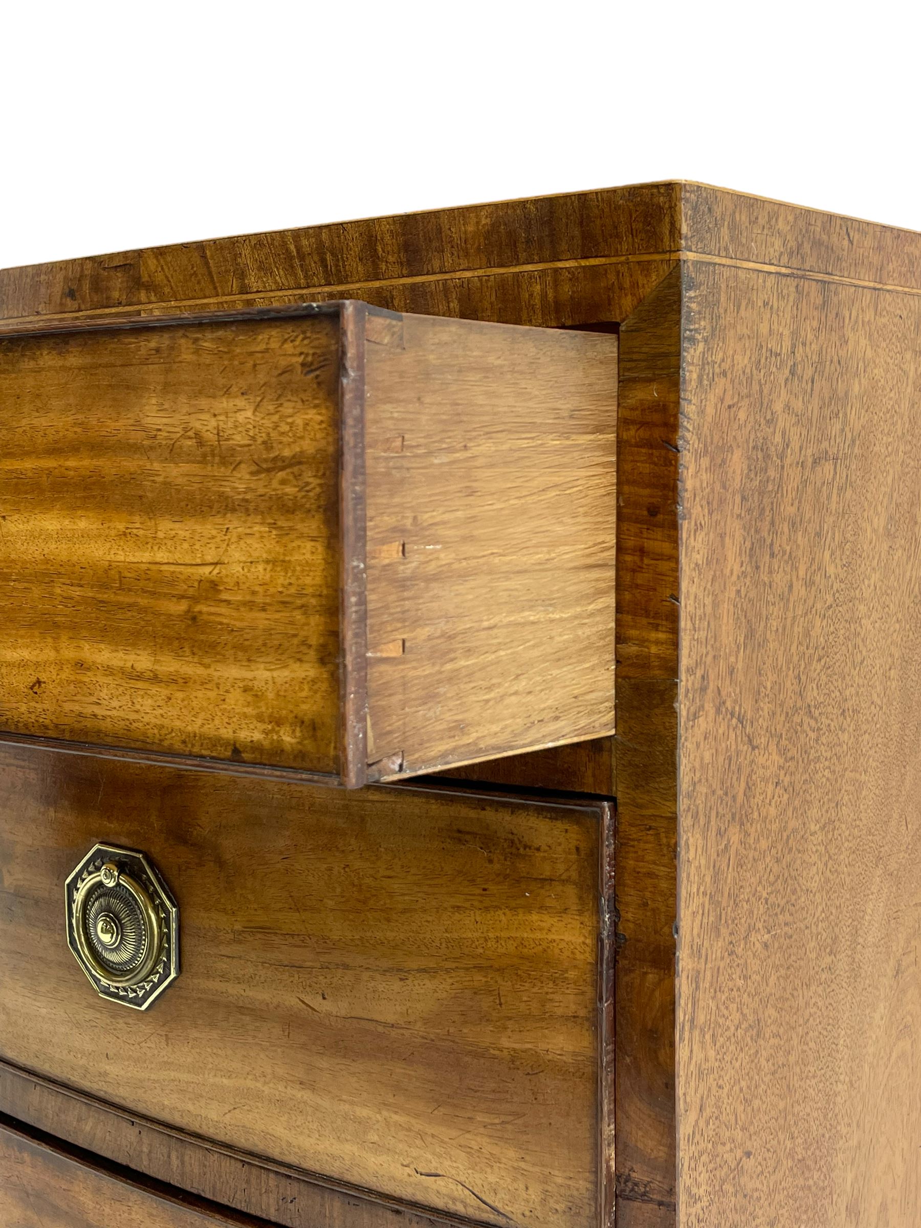 George III inlaid mahogany bow-front chest, fitted with four graduating drawers, octagonal plate and loop handles, shaped apron and splayed bracket feet