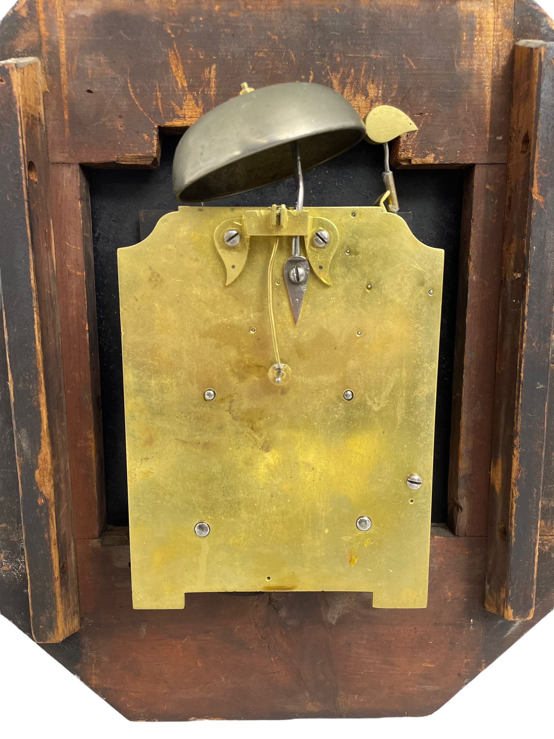 Charles Johnson of Wigan - mid-19th century twin fusee mahogany drop-dial wall clock, with an octagonal dial surround with brass inlay, carved fan ears to the glazed box with pendulum adjustment door, 12