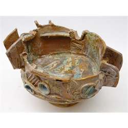  Peter Hough (British Contemporary) slab built footed bowl, stoneware fired with applied and incised geometric decoration, D22cm   
