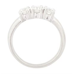 Platinum diamond three stone ring, each four claw set with a round brilliant cut diamond, hallmarked, total diamond weight approx 1.00 carat