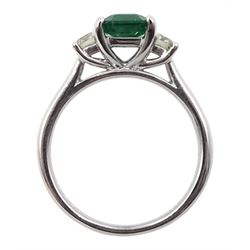 18ct white gold emerald and diamond three stone ring, hallmarked, emerald 1.16 carat, total diamond weight 0.39 carat, with World Gemological Institute Certificate 