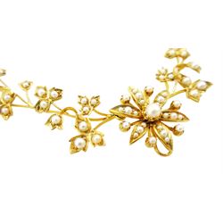 Edwardian 15ct gold split pearl flower head and foliate necklace