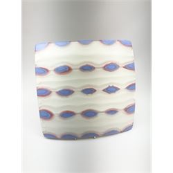 Zdenek Lhotsky glass platter, decorated with geometric motifs in pink and blue upon a white ground, L26cm, with certificate and box.