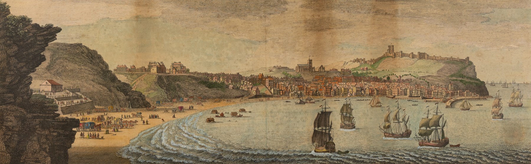 After Samuel Buck (British 1696-1779) and Nathaniel Buck (British fl. 1724-1759): The South Prospect of Scarborough in the County of York, hand-coloured engraving unsigned 31cm x 82cm
Notes: Originally published 1745.